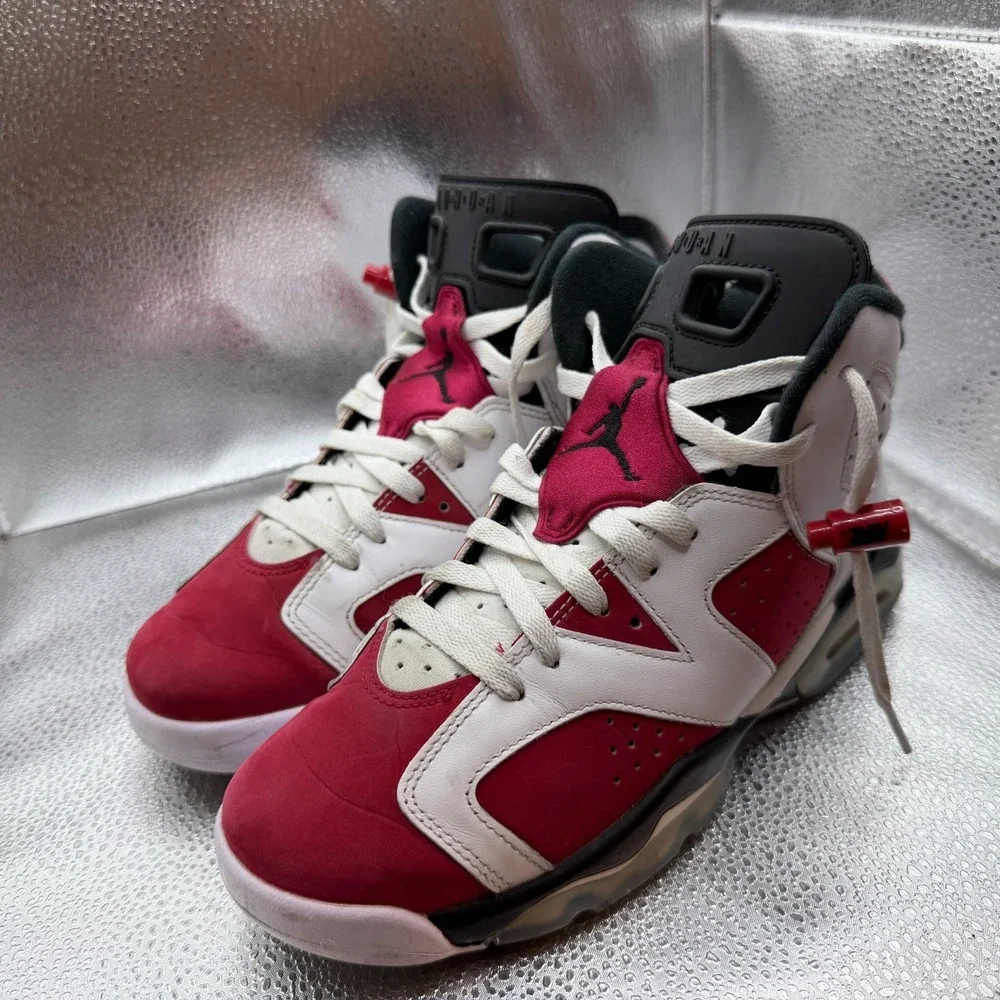 Size 7Y Nike Air Jordan 6 Retro White/Black-Carmine Boys Mid Sneakers 384665-106